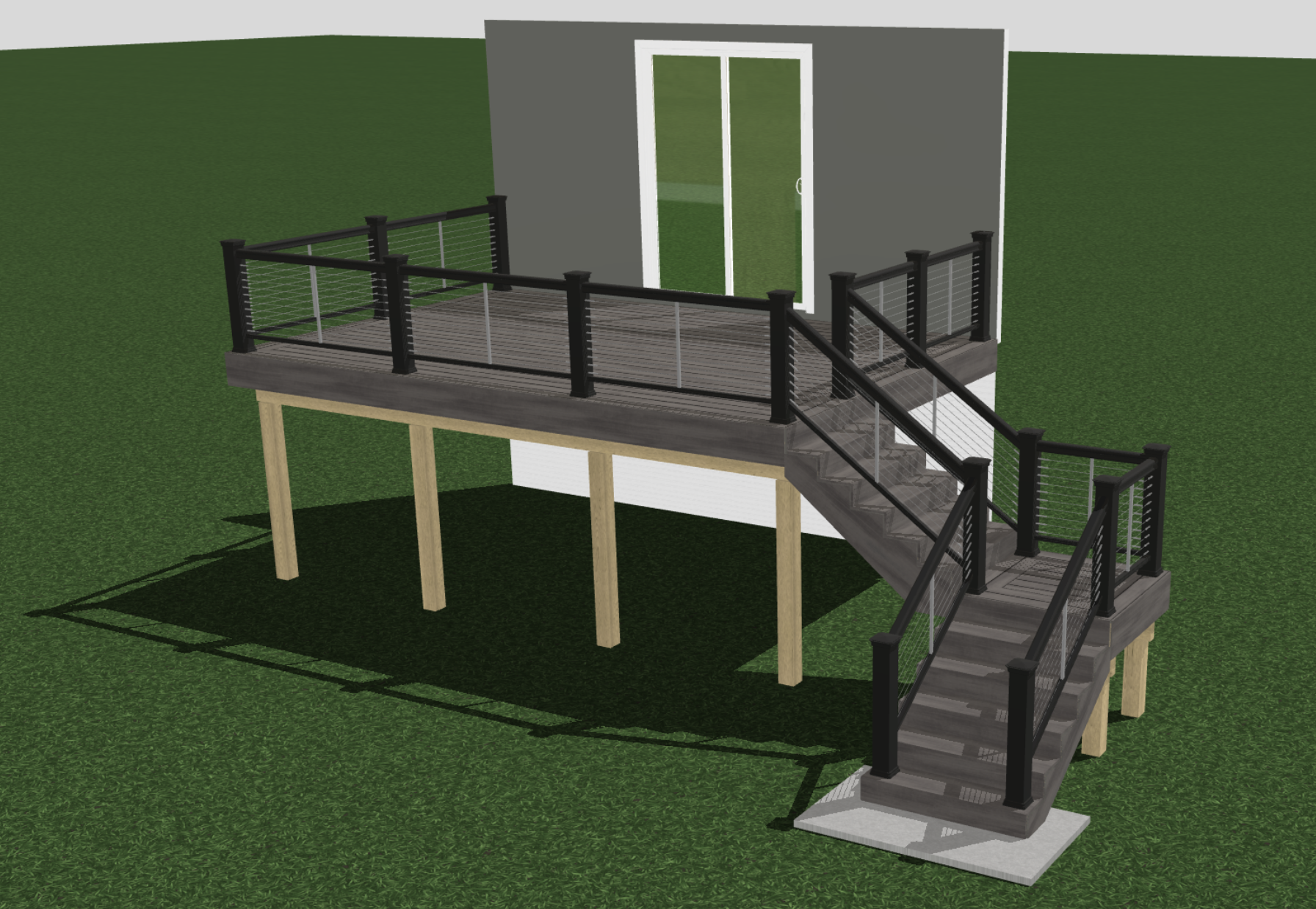 3D rendering of the finished composite deck with cable railing and staircase