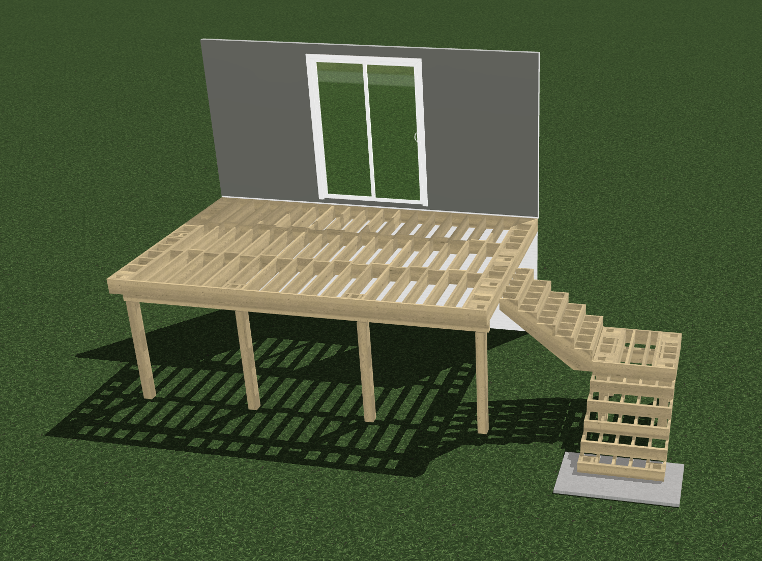 3D rendering of the deck framing structure with joists, support posts, and stairs