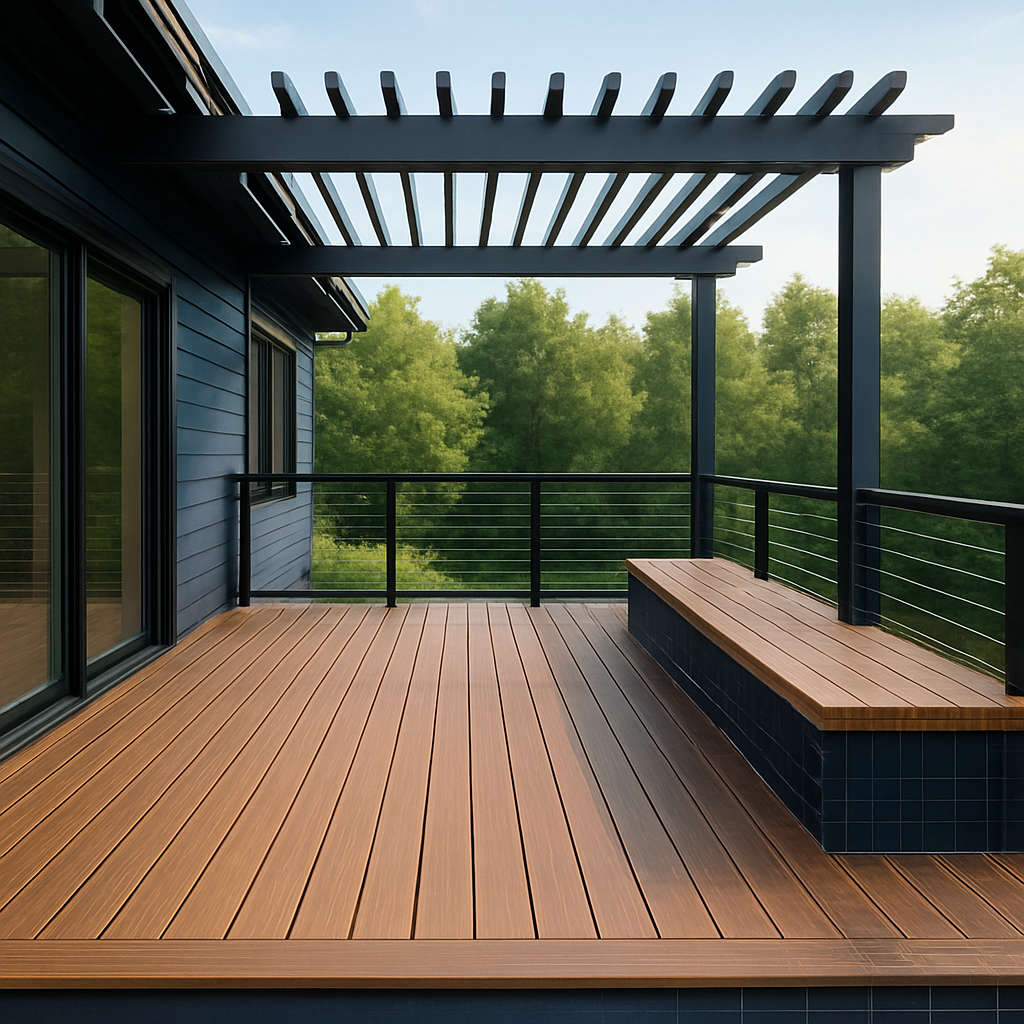 3D rendering of a custom composite deck design with cable railing and pergola