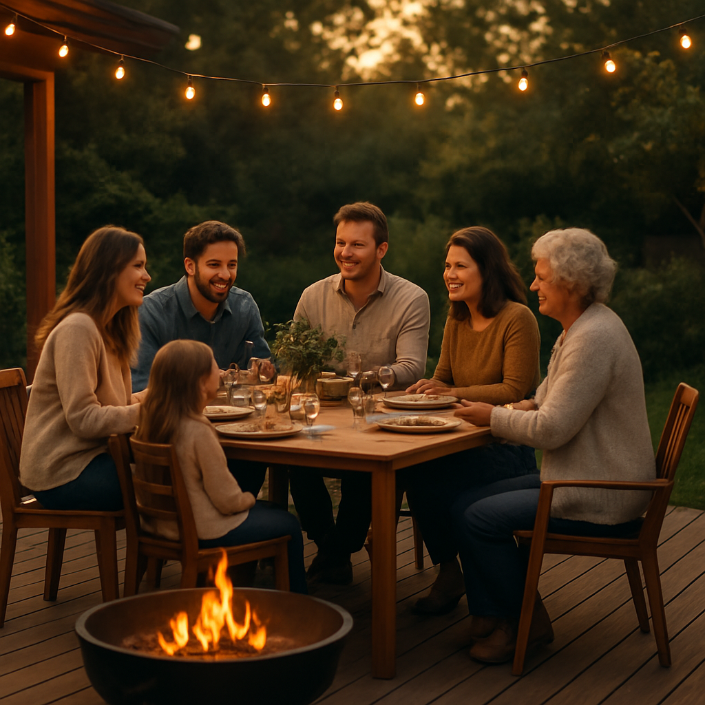 Family and friends dining on a warmly lit deck at golden hour