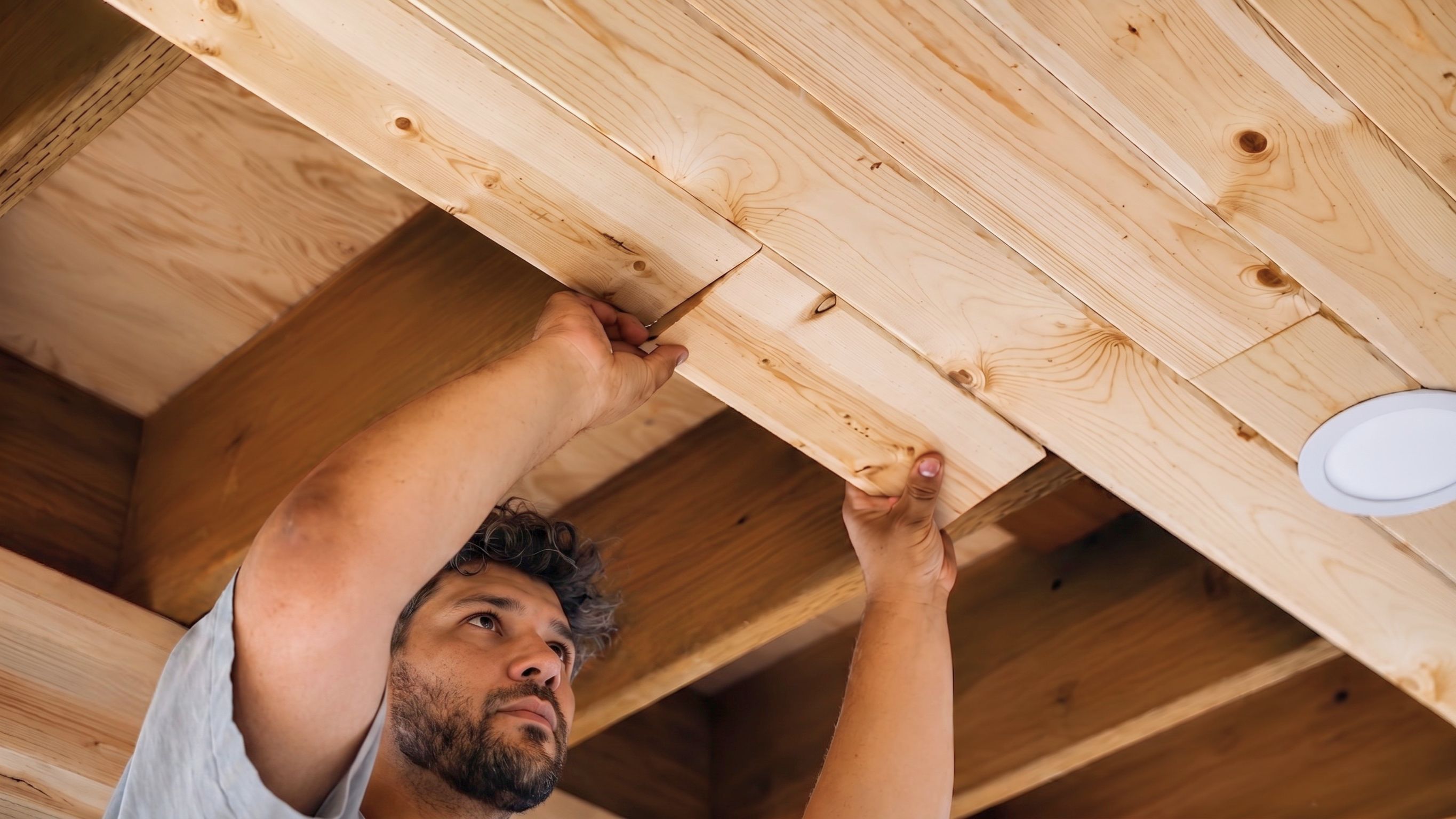 Skilled builder carefully fitting natural wood boards on a covered deck ceiling