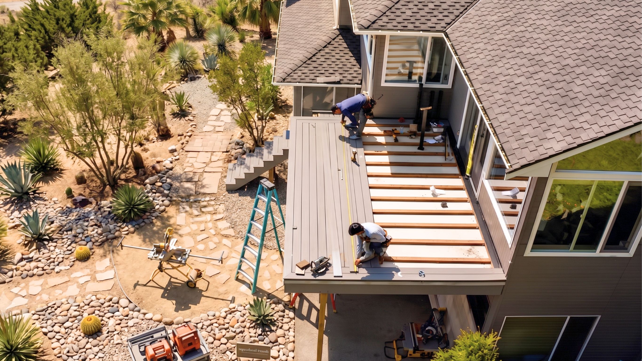 Aerial view of builders installing composite deck boards on an elevated deck beside a desert landscaped yard